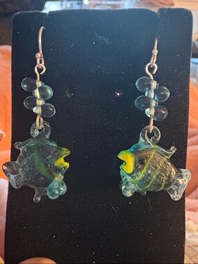 Hand Crafted Teal Fish Drop Earrings with Yellow Accents
